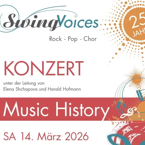 Flyer des Konzerts - Swing Voices, Konzert Music History am 14. März 2026